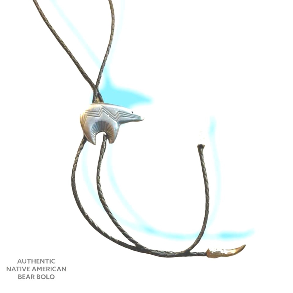 Native American AUTH DESIGNED BEAR BOLO ON PLUSH LEATHER STRAPS /Bands